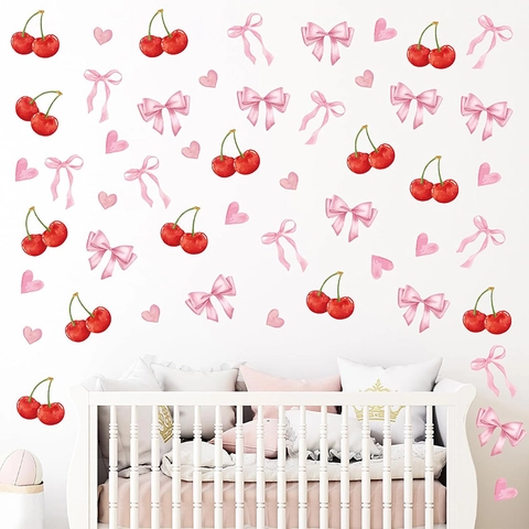 Bohemian Style Cherry Pink Bow Heart Wall Stickers Waterproof PVC DIY Decal For Girls Room Nursery Home Decor