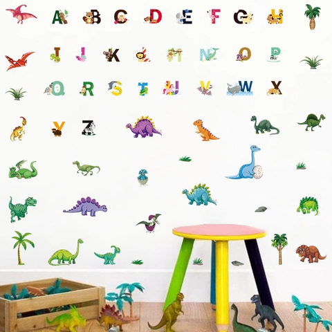 Stickers Muraux Alphabet Dinosaure Dessin Animé pour Chambre d'Enfant PVC Imperméable Animaux Éducatifs Décor Crèche Salle de Classe