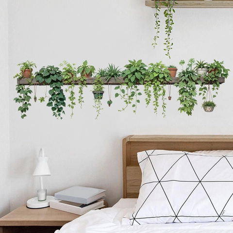 Pegatinas de Pared de PVC de Plantas en Maceta Verdes Frescas con Estante de Madera Efecto 3D Calcomanía de Pared Cocina