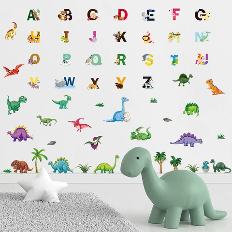 Stickers Muraux Alphabet Dinosaure Dessin Animé pour Chambre d'Enfant PVC Imperméable Animaux Éducatifs Décor Crèche Salle de Classe
