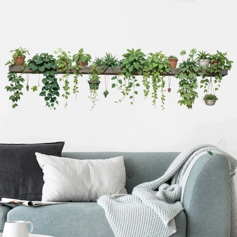 Stickers Muraux en PVC Plantes en Pot Vertes avec Étagère en Bois Effet 3D Imperméable Décalcomanie Murale pour Cuisine