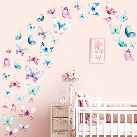 Boho Aquarell Schmetterling Wandaufkleber Für Kinderzimmer Babyzimmer Mädchen Zimmer PVC Abnehmbare DIY Kunst Deko