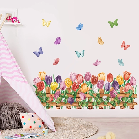 Pegatinas de Pared Boho Acuarela Tulipán Mariposa Valla Para Habitación Niños PVC Impermeable Removible Calcomanía de Pared Jardín Floral