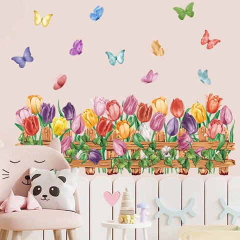 Pegatinas de Pared Boho Acuarela Tulipán Mariposa Valla Para Habitación Niños PVC Impermeable Removible Calcomanía de Pared Jardín Floral