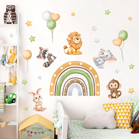 Watercolor Cartoon Animal Rainbow Wall Stickers PVC Decorative Decals For Kids Nursery Room Bedroom DIY Wall Art