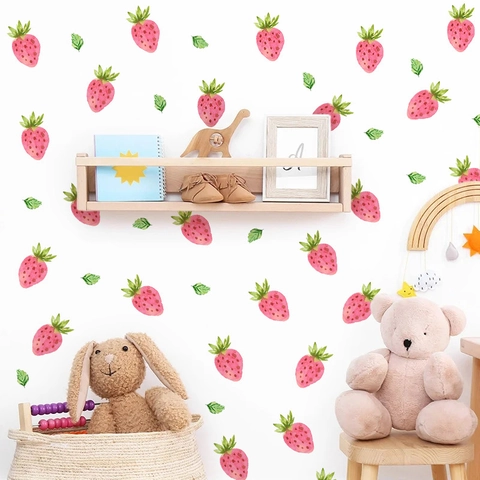 Roze Aardbei Muurstickers PVC Zelfklevend Aquarel Fruit Bladeren Decor Voor Kinderkamer Slaapkamer Woonkamer Decoratie