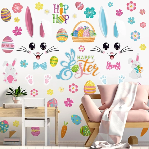 Easter Bunny Wall Stickers PVC Cartoon Bunny Face Colorful Eggs Carrot Removable Decals For Window Door Home Festival Decoration