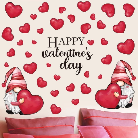 Stickers Muraux Cœur de Gnome de la Saint-Valentin PVC Autocollants pour Salon Chambre Maison Décoration de Fête