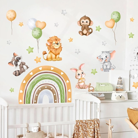 Watercolor Cartoon Animal Rainbow Wall Stickers PVC Decorative Decals For Kids Nursery Room Bedroom DIY Wall Art