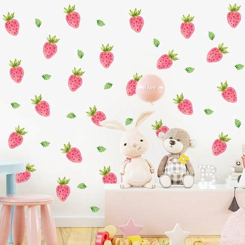 Roze Aardbei Muurstickers PVC Zelfklevend Aquarel Fruit Bladeren Decor Voor Kinderkamer Slaapkamer Woonkamer Decoratie