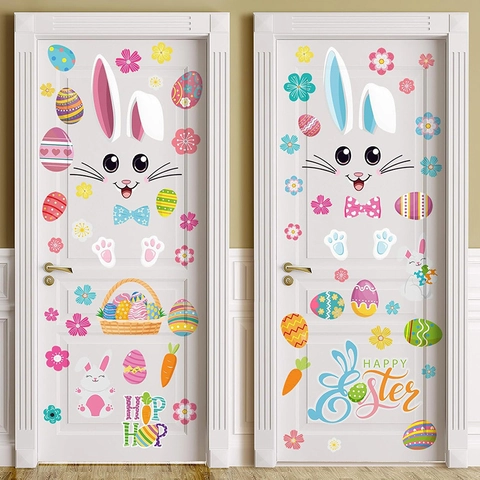 Easter Bunny Wall Stickers PVC Cartoon Bunny Face Colorful Eggs Carrot Removable Decals For Window Door Home Festival Decoration