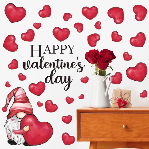 Stickers Muraux Cœur de Gnome de la Saint-Valentin PVC Autocollants pour Salon Chambre Maison Décoration de Fête