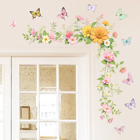 Botanical Floral Sunflower Daisy Butterfly Wall Stickers Waterproof DIY PVC Decals For Bedroom Living Room Door Decor