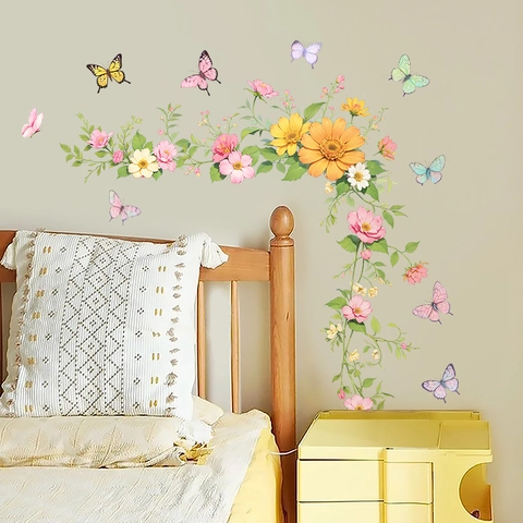 Botanical Floral Sunflower Daisy Butterfly Wall Stickers Waterproof DIY PVC Decals For Bedroom Living Room Door Decor