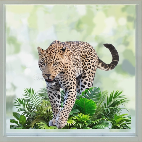 Pegatina de Pared de Leopardo Realista Hojas Tropicales PVC Autoadhesiva 3D Animal Decoración para Sala de Estar Dormitorio
