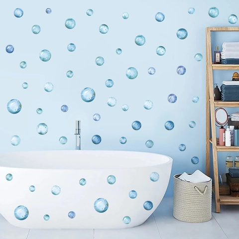 Adesivi Murali con Bolle Acquerello Blu Stile Minimalista in PVC Impermeabile Rimovibile per Decorazione Bagno e Cameretta