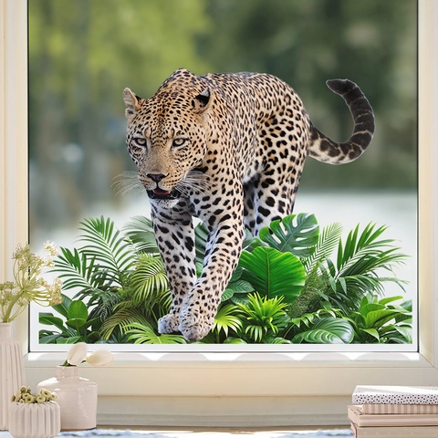 Pegatina de Pared de Leopardo Realista Hojas Tropicales PVC Autoadhesiva 3D Animal Decoración para Sala de Estar Dormitorio