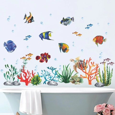 Watercolor Ocean Life Wall Stickers Underwater Fish Turtle Coral Seaweed PVC Waterproof Decals For Kids Room Bathroom Decor