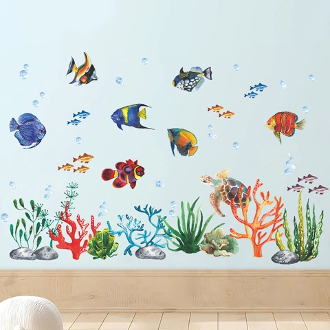 Watercolor Ocean Life Wall Stickers Underwater Fish Turtle Coral Seaweed PVC Waterproof Decals For Kids Room Bathroom Decor