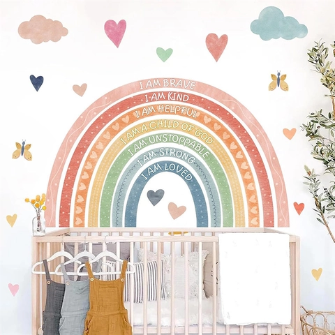Bohemian Aquarell Regenbogen Wandtattoo Mit Zitaten Herz Wolke Schmetterling Aufkleber Für Kinderzimmer Mädchen Dekoration