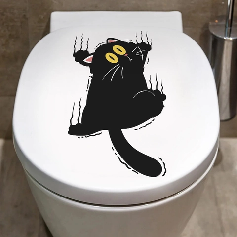 Pegatina de Pared de Gato Negro de Dibujos Animados Impermeable PVC Calcomanía Removible Inodoro Baño Hogar Coche