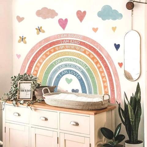 Bohemian Aquarell Regenbogen Wandtattoo Mit Zitaten Herz Wolke Schmetterling Aufkleber Für Kinderzimmer Mädchen Dekoration