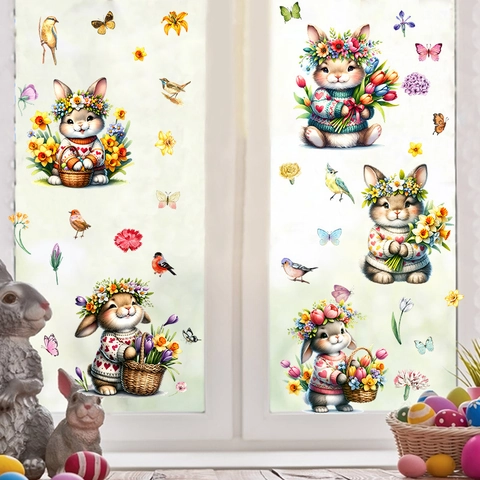 Pegatinas de Ventana de Pascua Conejo Animado Flor de Primavera Mariposa PVC Calcomanías Estáticas Para Decoración