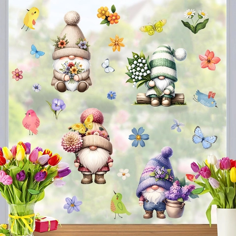 Adesivi Per Finestre Gnomi Fiori Di Primavera In PVC Decalcomanie Da Parete Per Decorazione Casa Camera Da Letto Soggiorno
