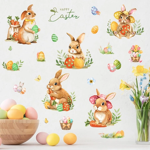 Stickers Muraux Lapin de Pâques et Œufs PVC Amovibles Décalcomanies Carotte pour Chambre d'Enfant Décoration Fenêtre Fête 5 Feuilles