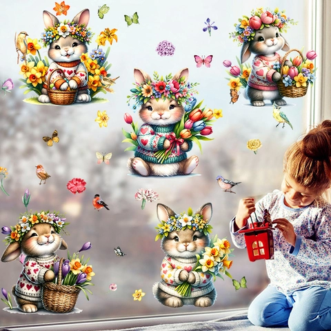 Pegatinas de Ventana de Pascua Conejo Animado Flor de Primavera Mariposa PVC Calcomanías Estáticas Para Decoración