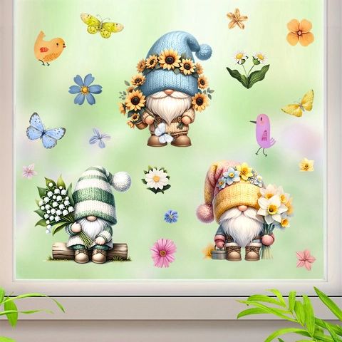 Adesivi Per Finestre Gnomi Fiori Di Primavera In PVC Decalcomanie Da Parete Per Decorazione Casa Camera Da Letto Soggiorno