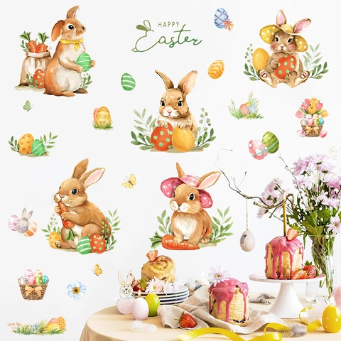 Stickers Muraux Lapin de Pâques et Œufs PVC Amovibles Décalcomanies Carotte pour Chambre d'Enfant Décoration Fenêtre Fête 5 Feuilles
