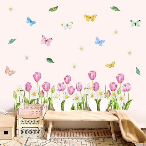 Pegatina de Pared de Tulipan y Mariposa Acuarela PVC Calcomania de Vid Floral para Sala de Estar Dormitorio Decoracion Hogar