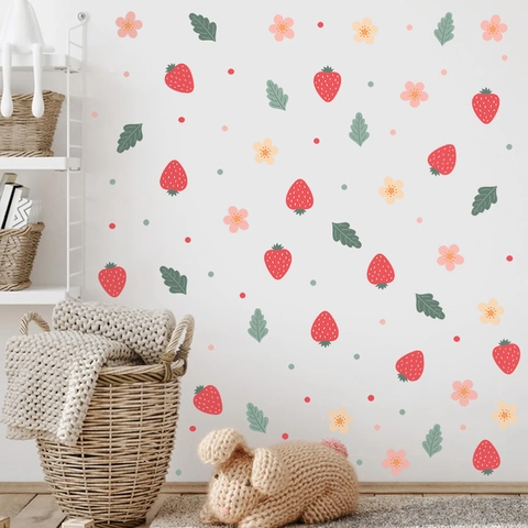 Removable PVC Strawberry Flower Wall Stickers For Kids Room Bedroom Decor Self Adhesive Floral Fruit Pattern Wall Decal