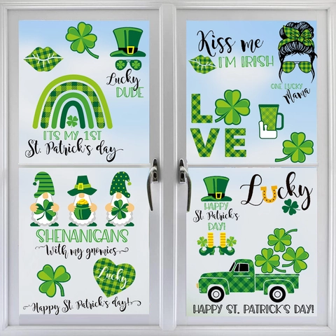 St Patrick's Day Window Clings Clover Shamrock Gnomes Wall Stickers PVC Festive Decor For Home Party Windows Glass Set
