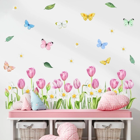 Pegatina de Pared de Tulipan y Mariposa Acuarela PVC Calcomania de Vid Floral para Sala de Estar Dormitorio Decoracion Hogar