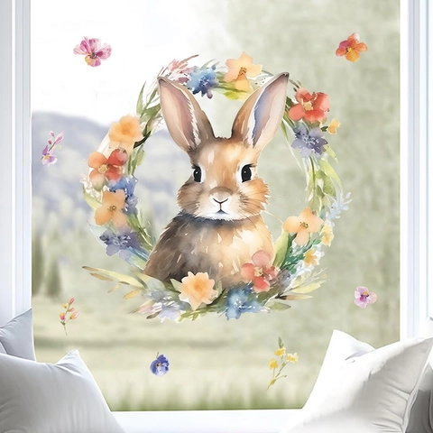 Easter Watercolor Bunny Flower Garland Wall Sticker PVC Window Decal Rabbit Pattern Spring Holiday Home Decoration Accessories