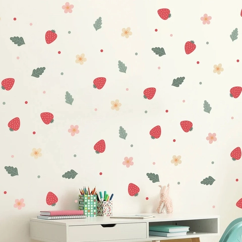 Removable PVC Strawberry Flower Wall Stickers For Kids Room Bedroom Decor Self Adhesive Floral Fruit Pattern Wall Decal