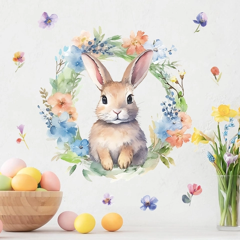 Easter Watercolor Bunny Flower Garland Wall Sticker PVC Window Decal Rabbit Pattern Spring Holiday Home Decoration Accessories
