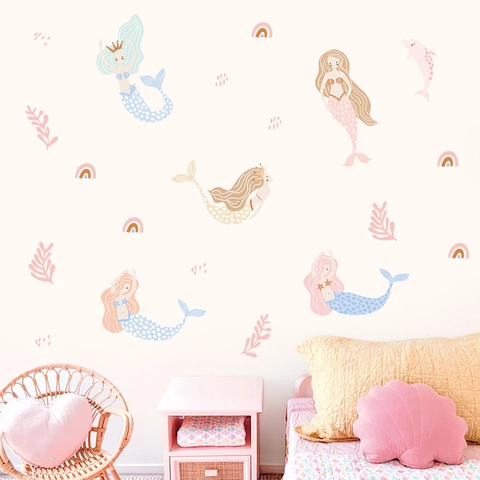 Watercolor Mermaid Girl Wall Sticker PVC Self Adhesive Rainbow Seaweed Coral Decal For Kids Bedroom Nursery Home Decor