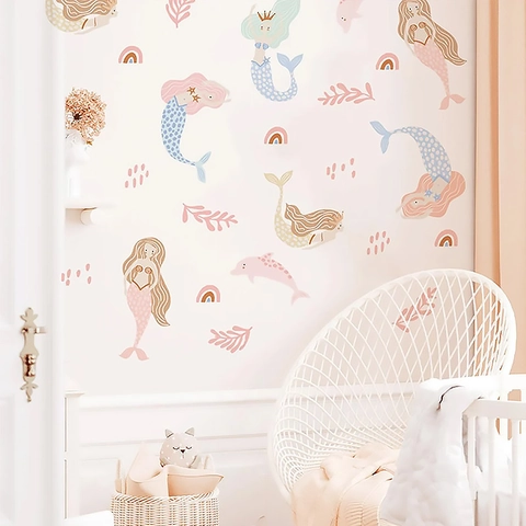 Watercolor Mermaid Girl Wall Sticker PVC Self Adhesive Rainbow Seaweed Coral Decal For Kids Bedroom Nursery Home Decor