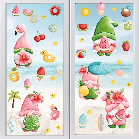 Sommer Zwerge PVC Fensteraufkleber Wassermelone Flamingo Strand Deko Für Glas Kühlschrank Wand Home Dekoration