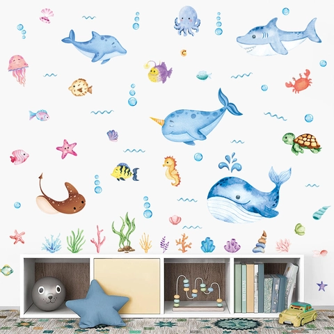 Pegatinas de Pared de Animales Marinos Estilo Bohemio para Habitación de Niños Dormitorio PVC Autoadhesivo Dibujos Animados Ballena Tortuga Pulpo Decoración