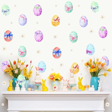 Pegatinas de Ventana de Huevo de Pascua Acuarela Lazo Colorido Patrón de Margarita PVC Autoadhesivas Calcomanías para Vidrio Hogar