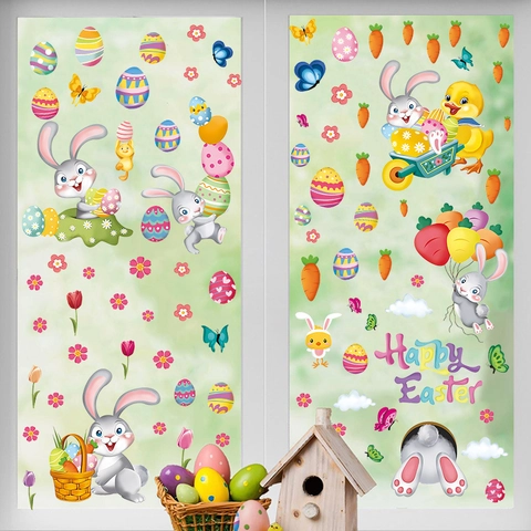 6 Sheets Easter Window Stickers Cartoon Bunny Egg Carrot PVC Wall Decals For Kids Room Holiday Party Home Decor
