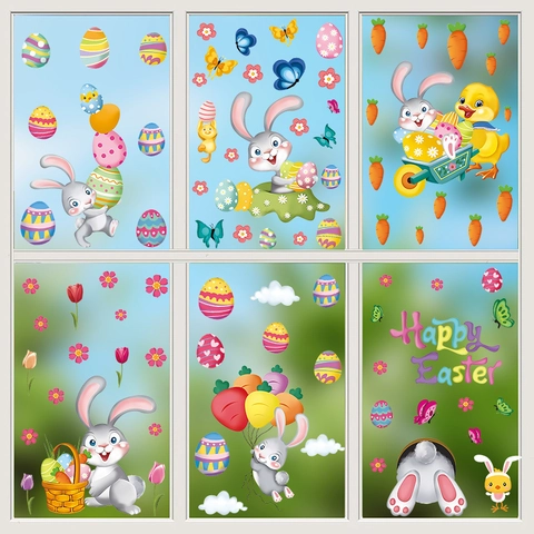 6 Sheets Easter Window Stickers Cartoon Bunny Egg Carrot PVC Wall Decals For Kids Room Holiday Party Home Decor