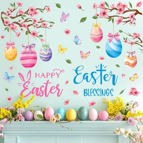 Easter Wall Stickers Eggs Cherry Blossoms Butterflies Happy Easter Window Decals Home Living Room Festival PVC Wall Decoration