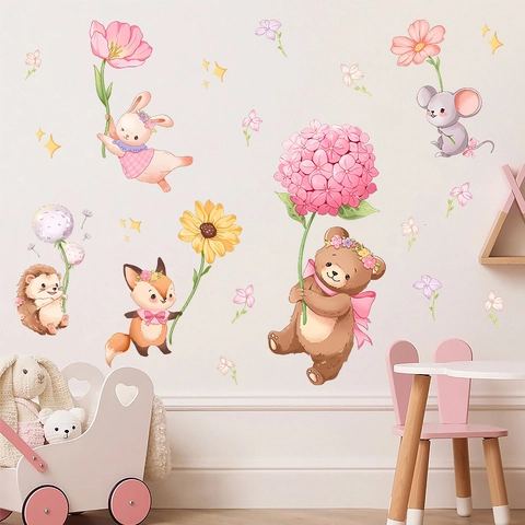 Adesivi Murali con Animali della Foresta a Cartoni Animati Acquerello in PVC Coniglio Orso Volpe Fiori per Cameretta Bambini
