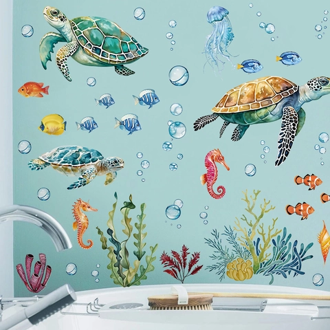 Watercolor Sea Animal Wall Stickers PVC Self Adhesive Marine Life Decals With Turtles Fish Coral For Kids Room Nursery Bathroom Decor