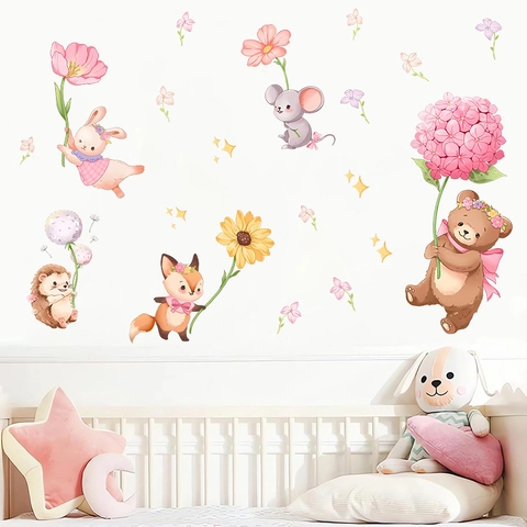 Adesivi Murali con Animali della Foresta a Cartoni Animati Acquerello in PVC Coniglio Orso Volpe Fiori per Cameretta Bambini